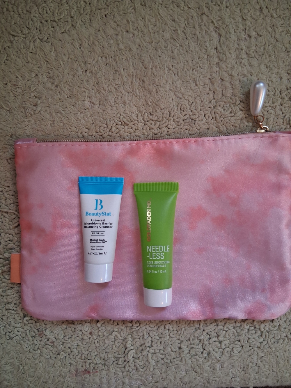 ipsy Pink Cosmetic Pouch with Blue and Green Sample Tubes